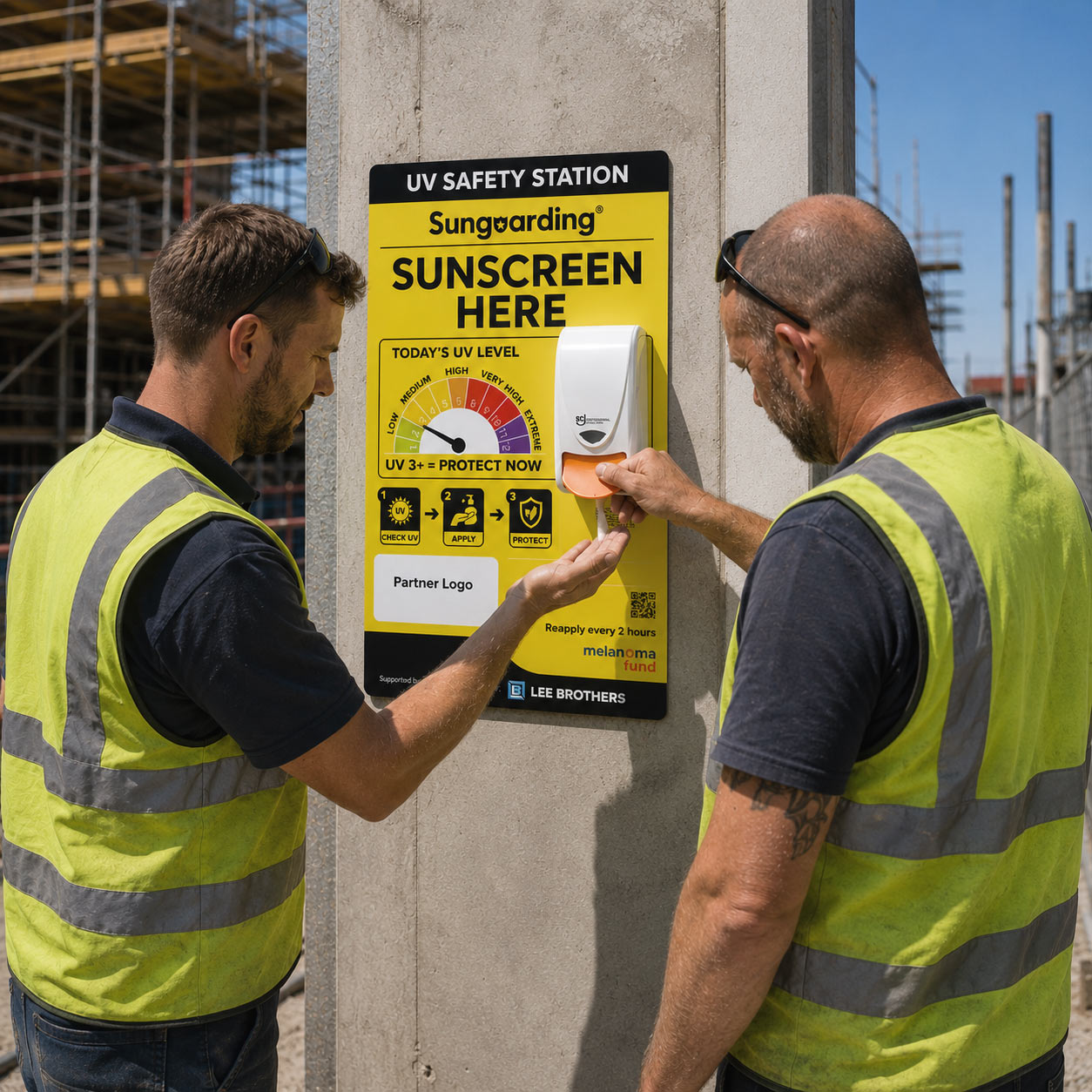 Workers using a UV Safety Station on site